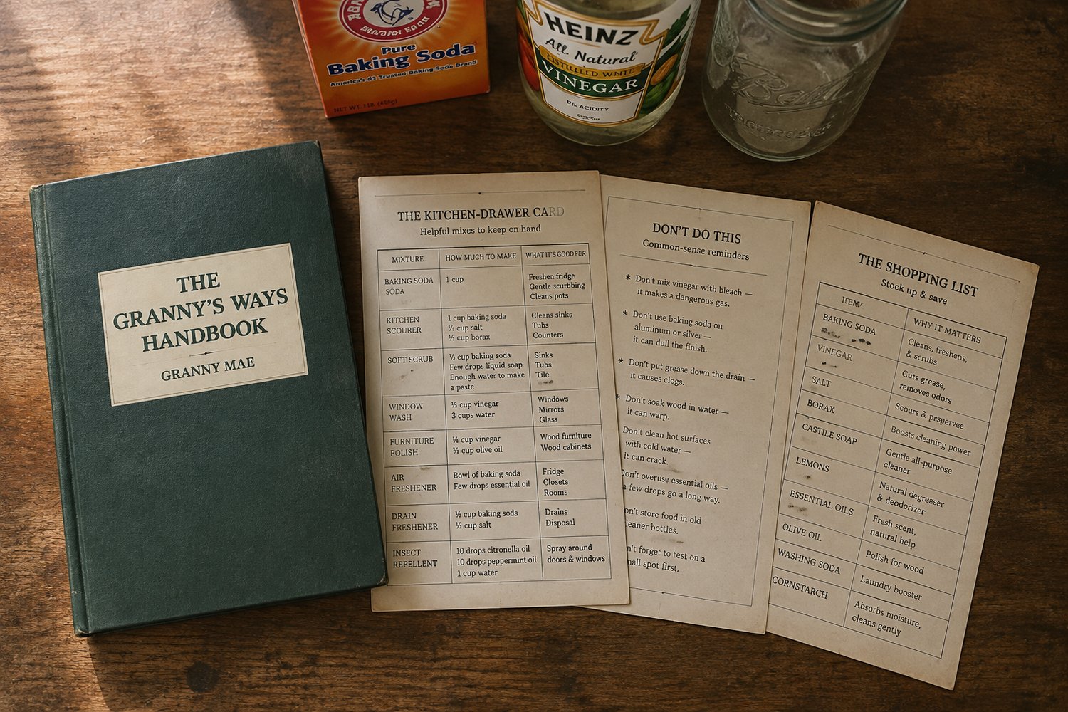 The Granny's Ways Handbook laid on a kitchen table beside its three printable sheets