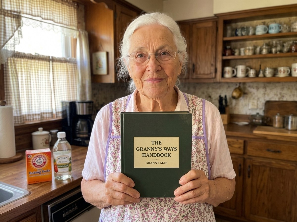 Granny Mae in her kitchen, holding The Granny's Ways Handbook